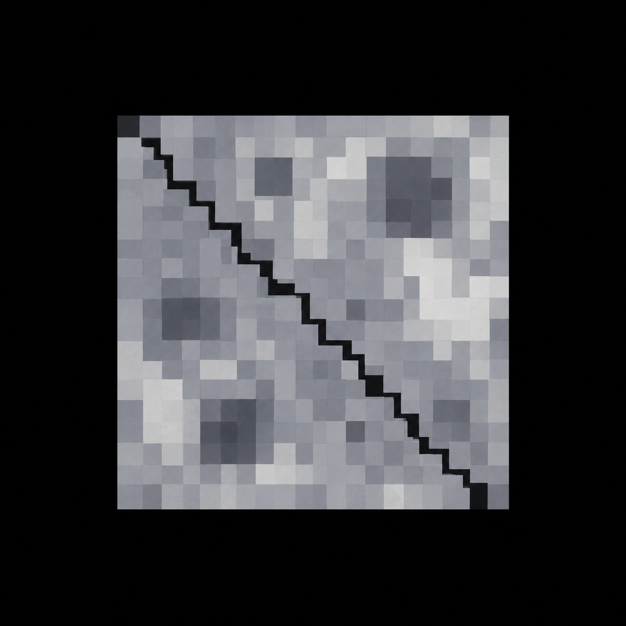Fictional recovered lunar plate: a square, pixelated Minecraft-style moon in darkness, split by a stepped diagonal fracture.